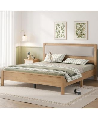 Solid Rubber Wood Bed with Upholstered Headboard, Reinforced Support Legs, Under Bed Storage for Bedroom Guest Room and Home Owners