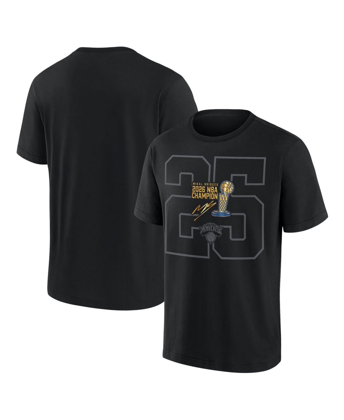 Men's Fanatics Mikal Bridges Black New York Knicks 2026 NBA Champions Trophy Collection Heavyweight T-Shirt