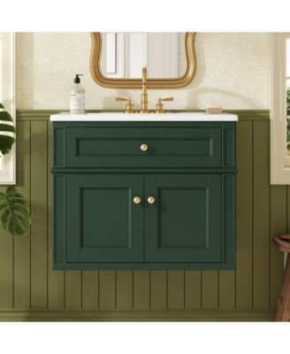 24 Inch Floating Bathroom Vanity, Solid Wood Frame, Ceramic Integrated Sink for 4-Inch Centerset Faucet, Tip-Out Drawer