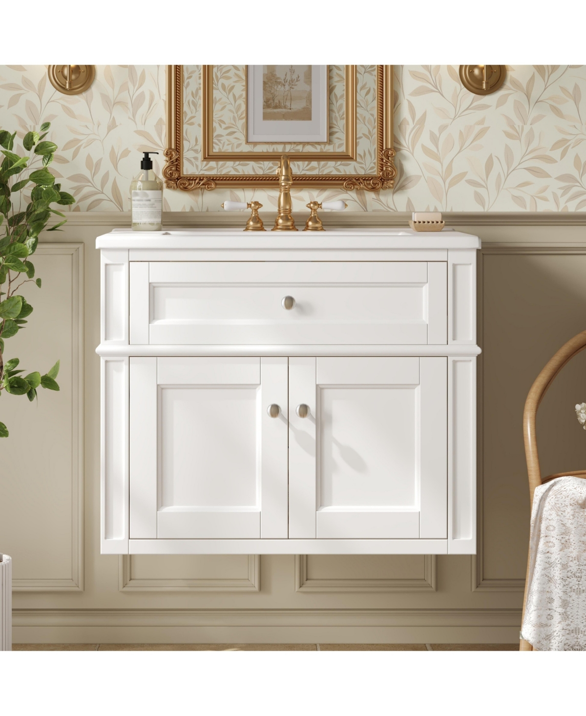Thirtypeachy 24 Inch Floating Bathroom Vanity, Solid Wood Frame, Ceramic Integrated Sink for 4-Inch Centerset Faucet, Tip-Out Drawer - White