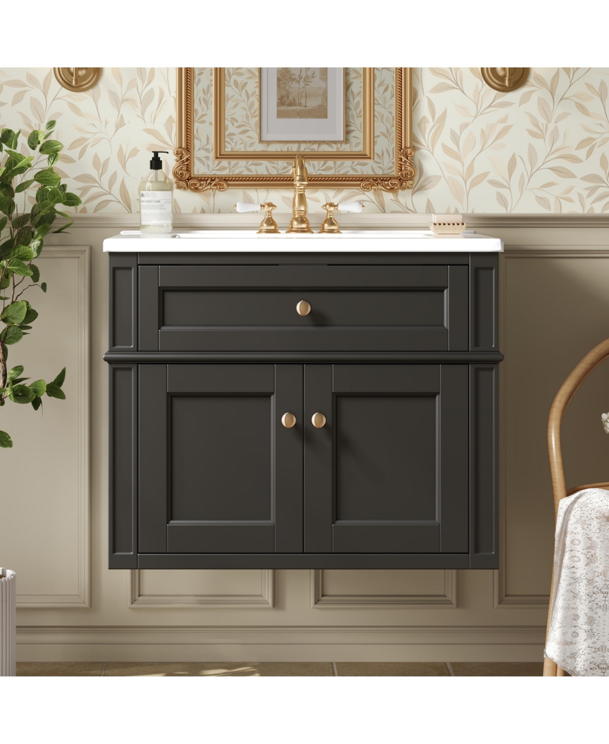 Thirtypeachy 24 Inch Floating Bathroom Vanity, Solid Wood Frame, Ceramic Integrated Sink for 4-Inch Centerset Faucet, Tip-Out Drawer - Black
