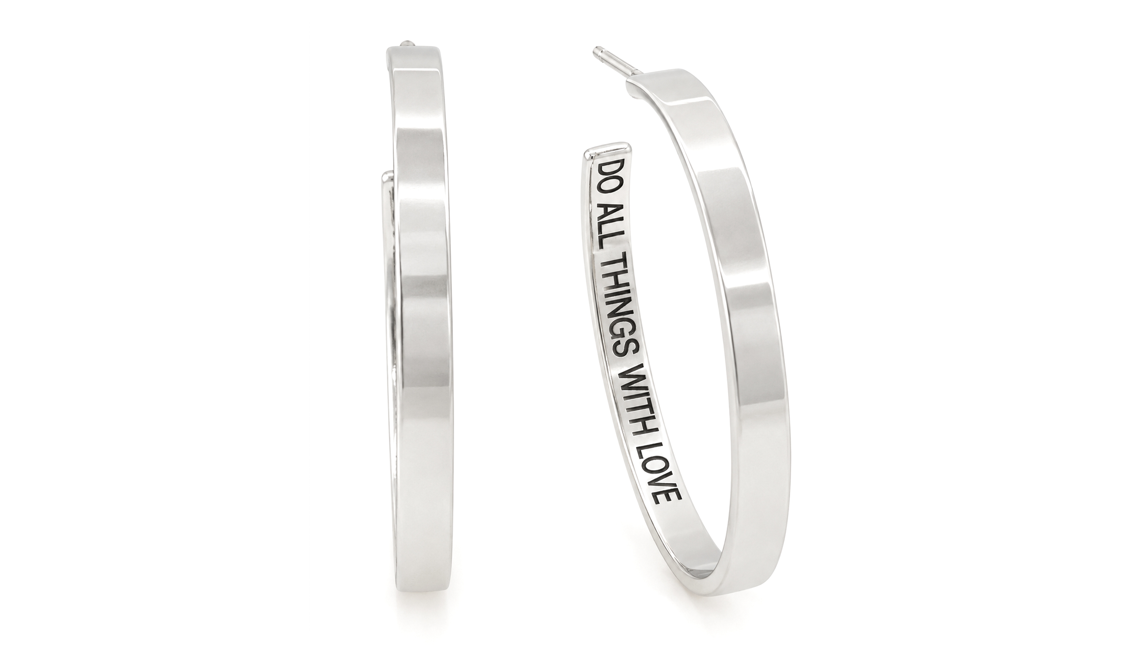 And Now This Polished "Do All Things With Love" Message C-Hoop Earring in Silver Plate