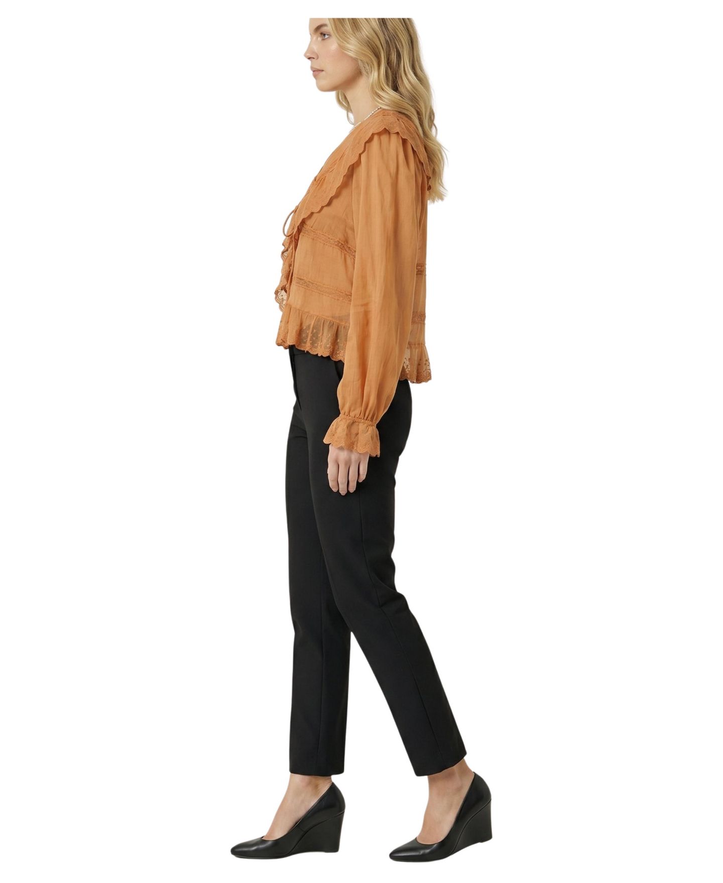Женская блузка Modenaire Ruffled Lace-Trim Tie-Front, цвет: Оранжевый — фото 3