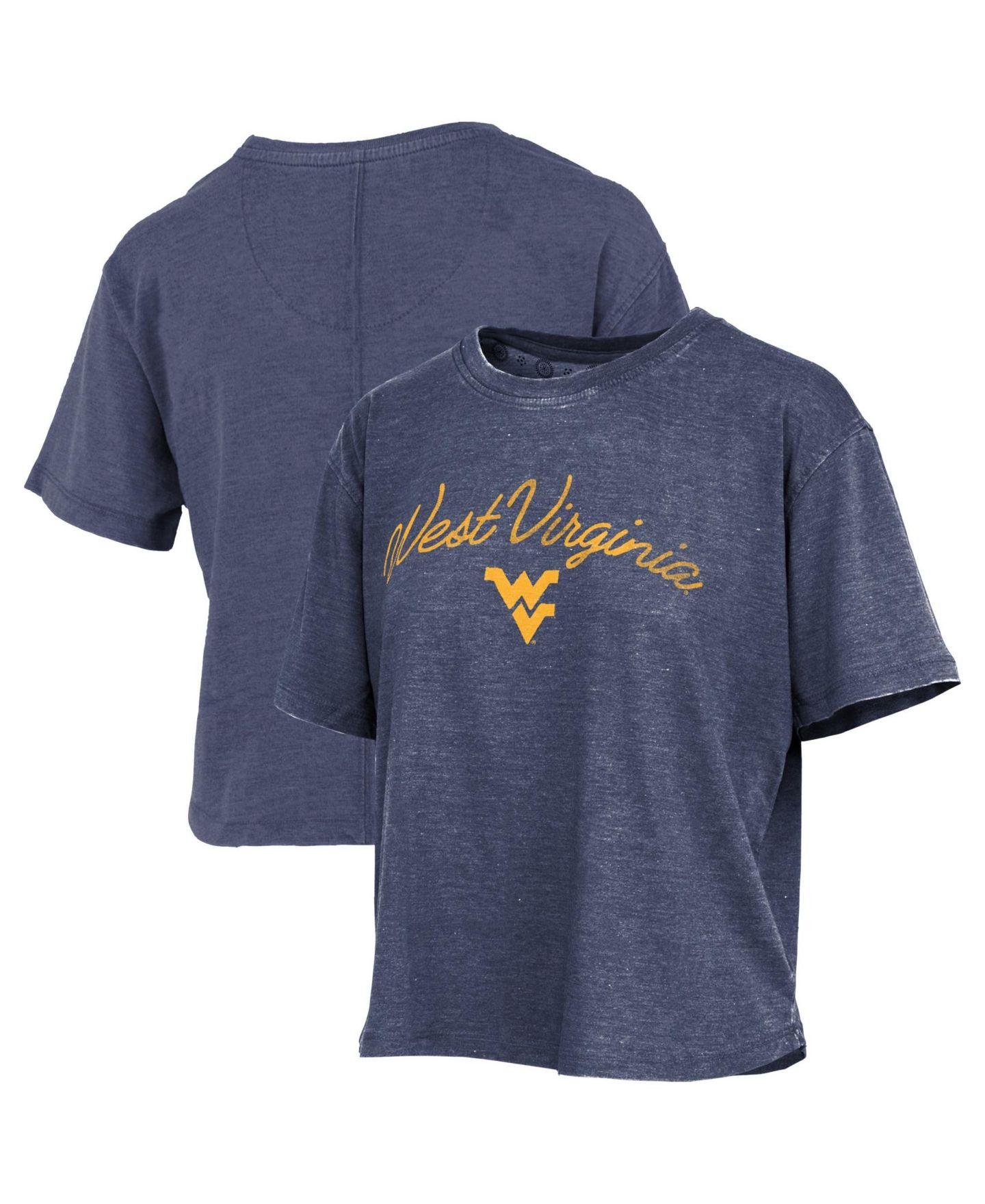 Женская футболка Pressbox Navy West Virginia Mountaineers Vintage Waist Length Script Over Logo — фото 1