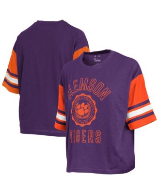 Women's Purple Clemson Tigers Sunday Color block Seal Slub T-Shirt
