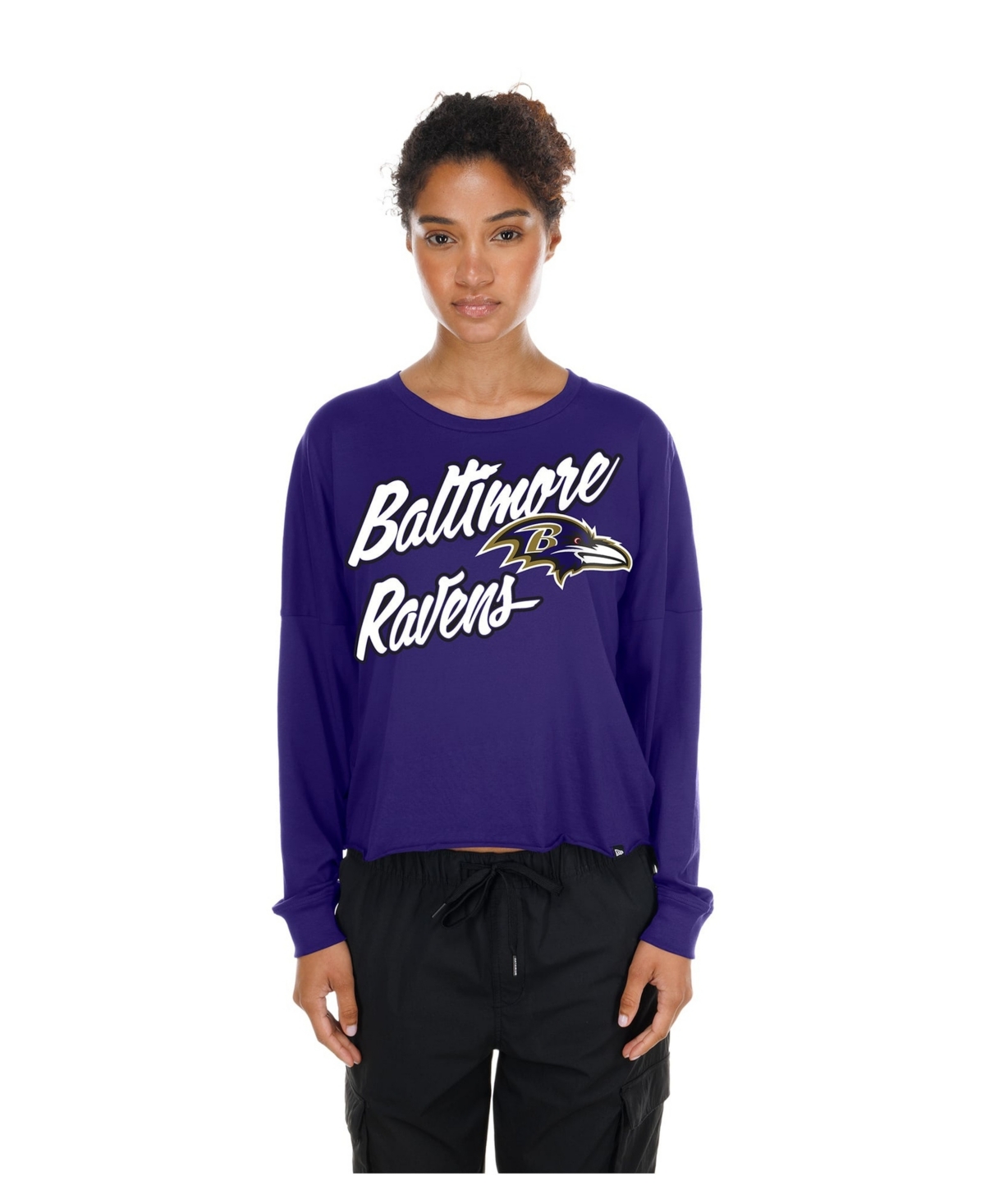 New Era Women's Purple Baltimore Ravens Cropped Oversized Long-Sleeve T-Shirt - Purple