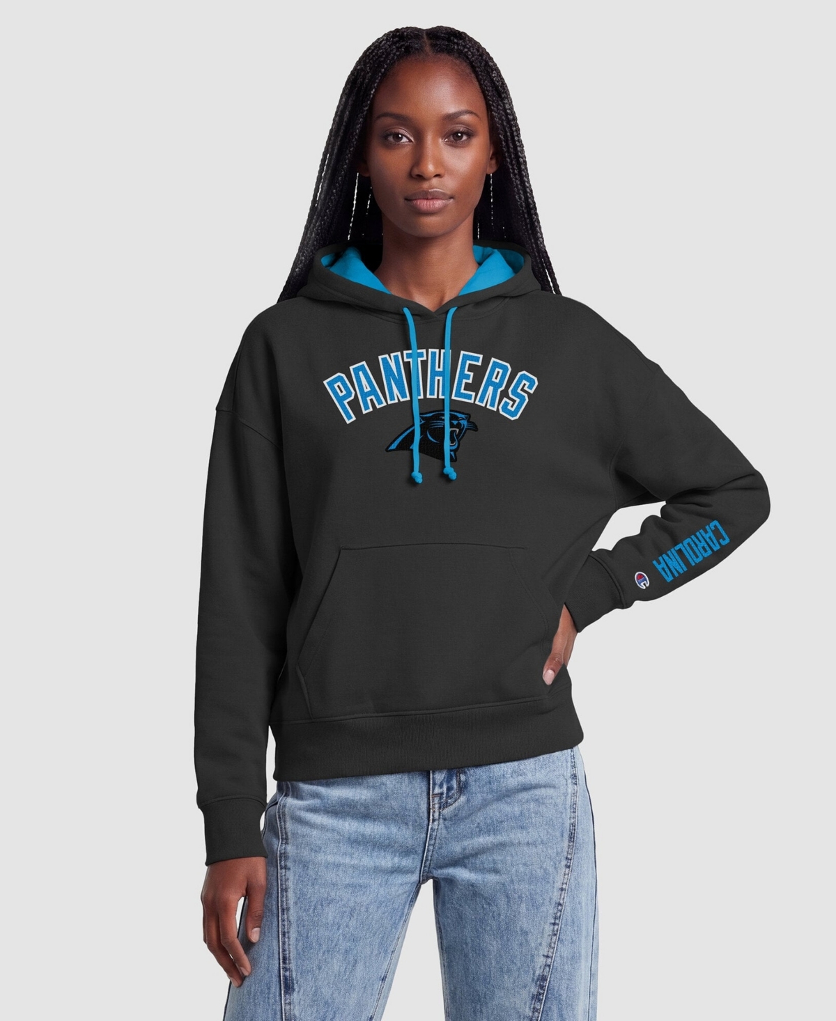 Champion Women's Black/Blue Carolina Panthers Contrast Liner Hoodie - Black, Blue