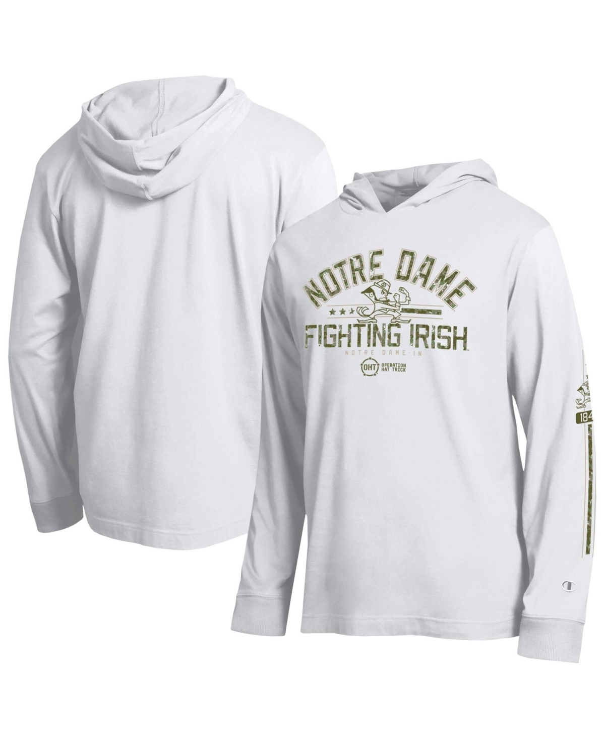 Champion Men's White Notre Dame Fighting Irish Operation Hat Trick Sleeve Line Hooded Long-Sleeve T-Shirt - White