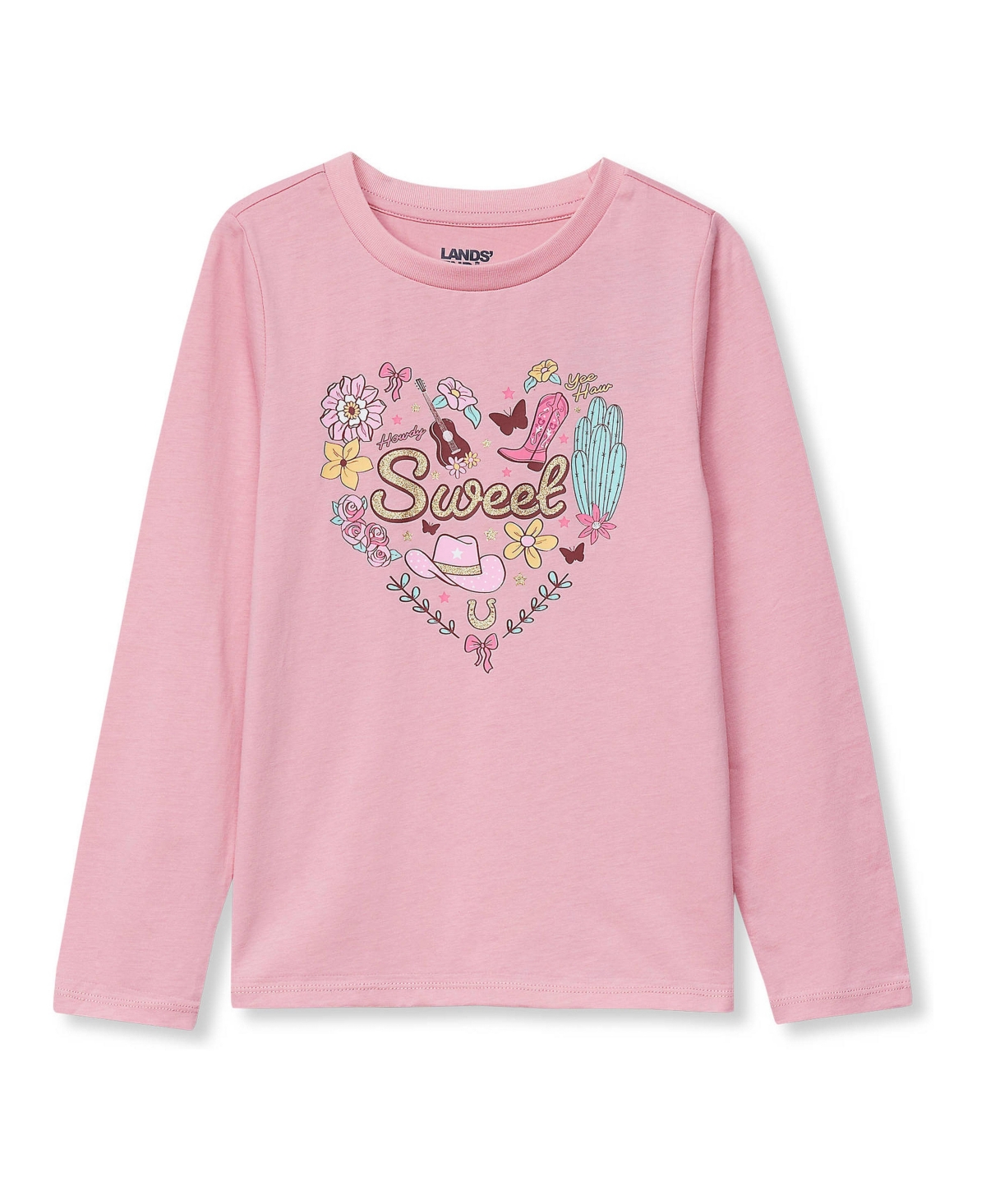 Lands' End Girls Long Sleeve Graphic Tee - Glitter/sweet cowgirl/rose
