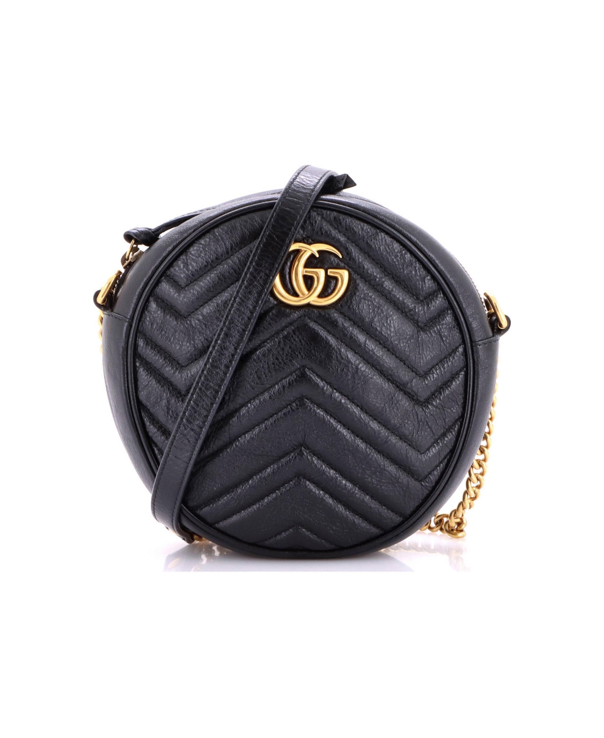 Pre-Owned Gucci Mini Gg Marmont Round Shoulder Bag Matelasse Leather - Black
