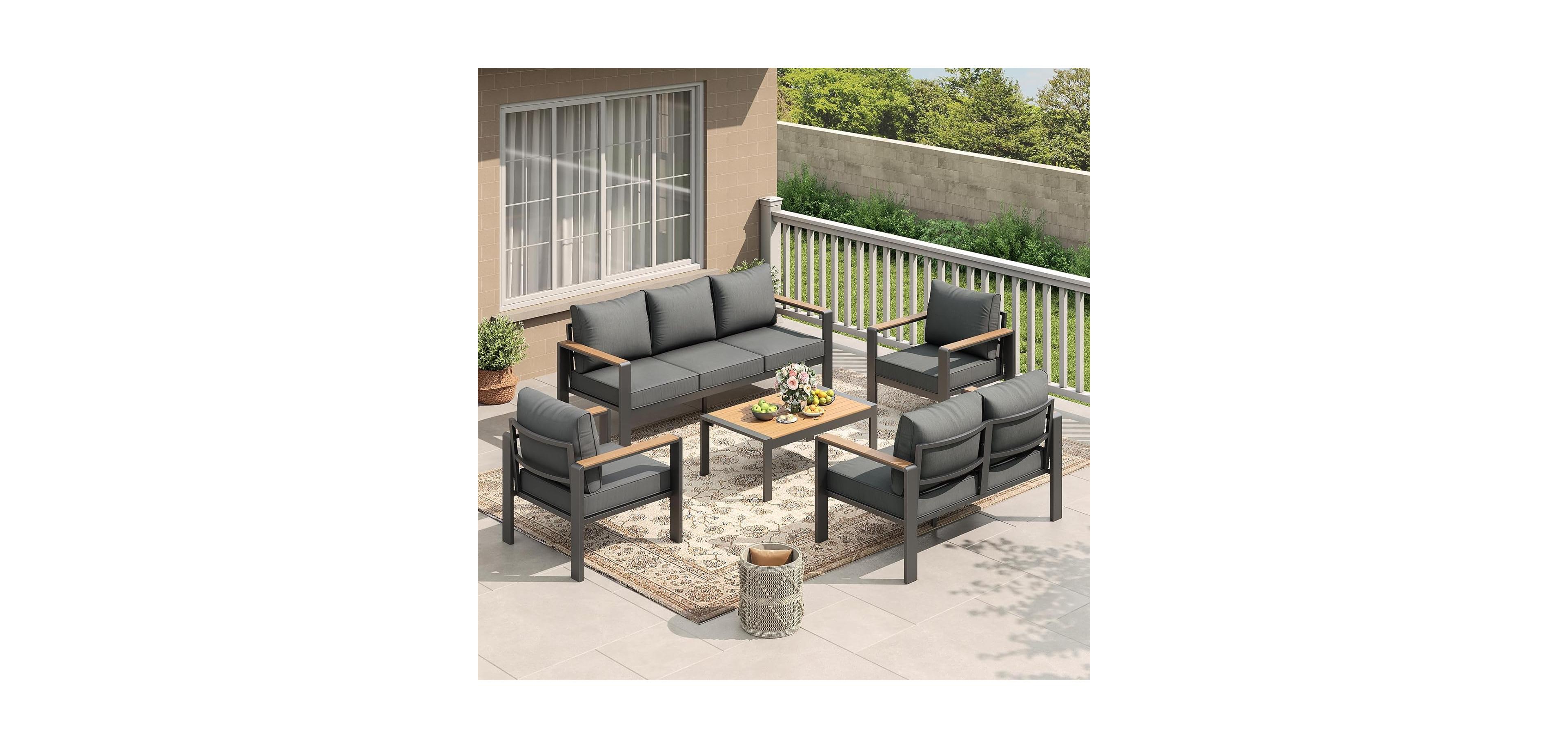 gaomon 5-Piece Aluminum Patio Furniture Set, Outdoor Conversation Sofa Set with Wood-Look Armrests and Coffee Table