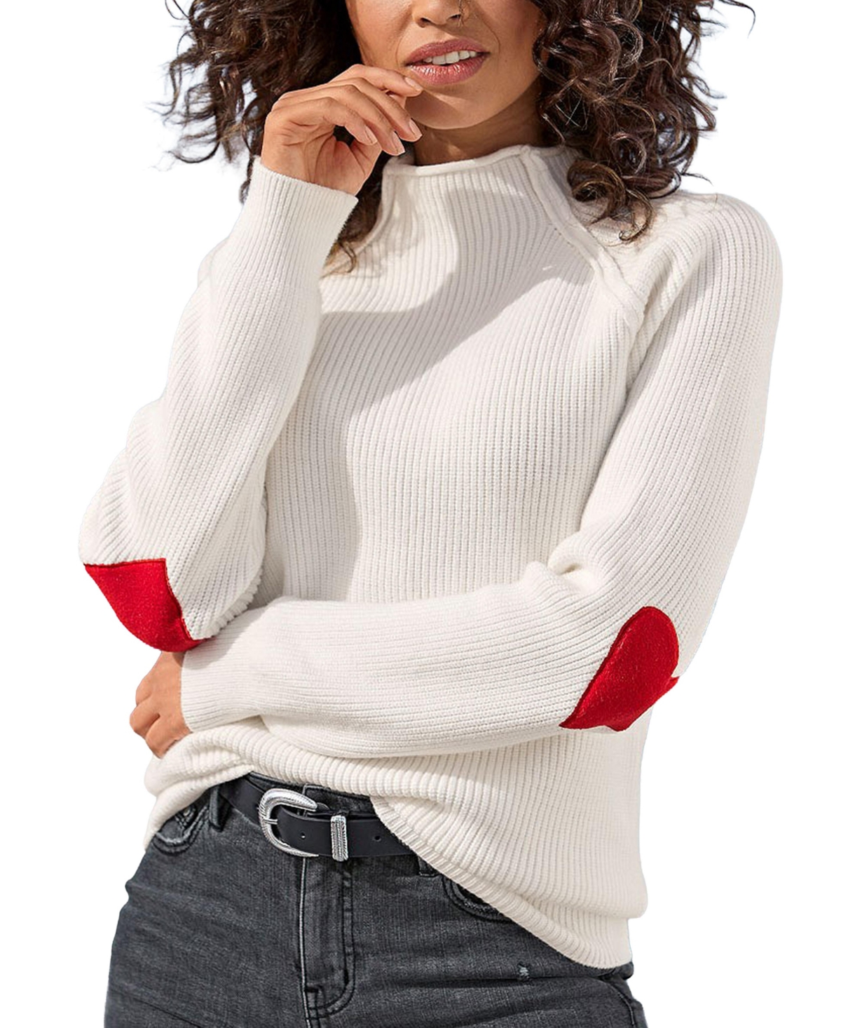 Lascana Women's High-Neck Heart-Shaped Elbow Patch Ribbed-Knit Sweater - Cream