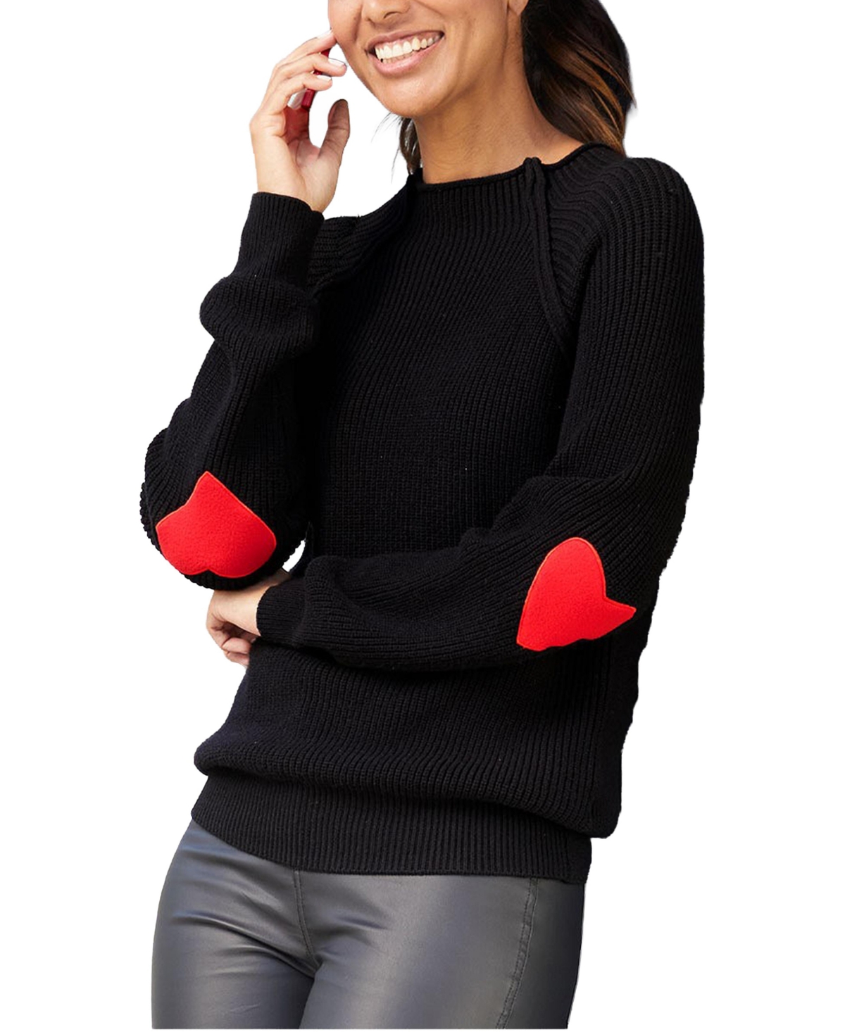 Lascana Women's High-Neck Heart-Shaped Elbow Patch Ribbed-Knit Sweater - Black