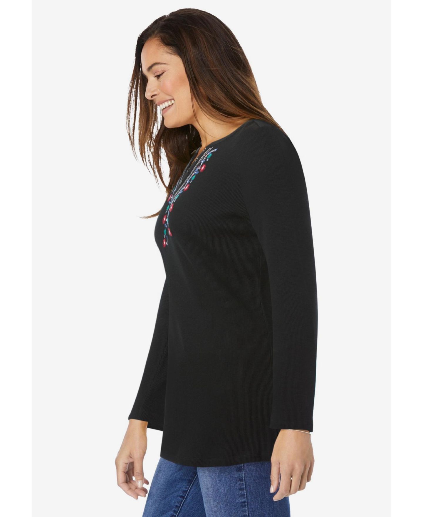 Женская футболка Woman Within Within Embroidered Thermal Henley, цвет: Чёрный — фото 4