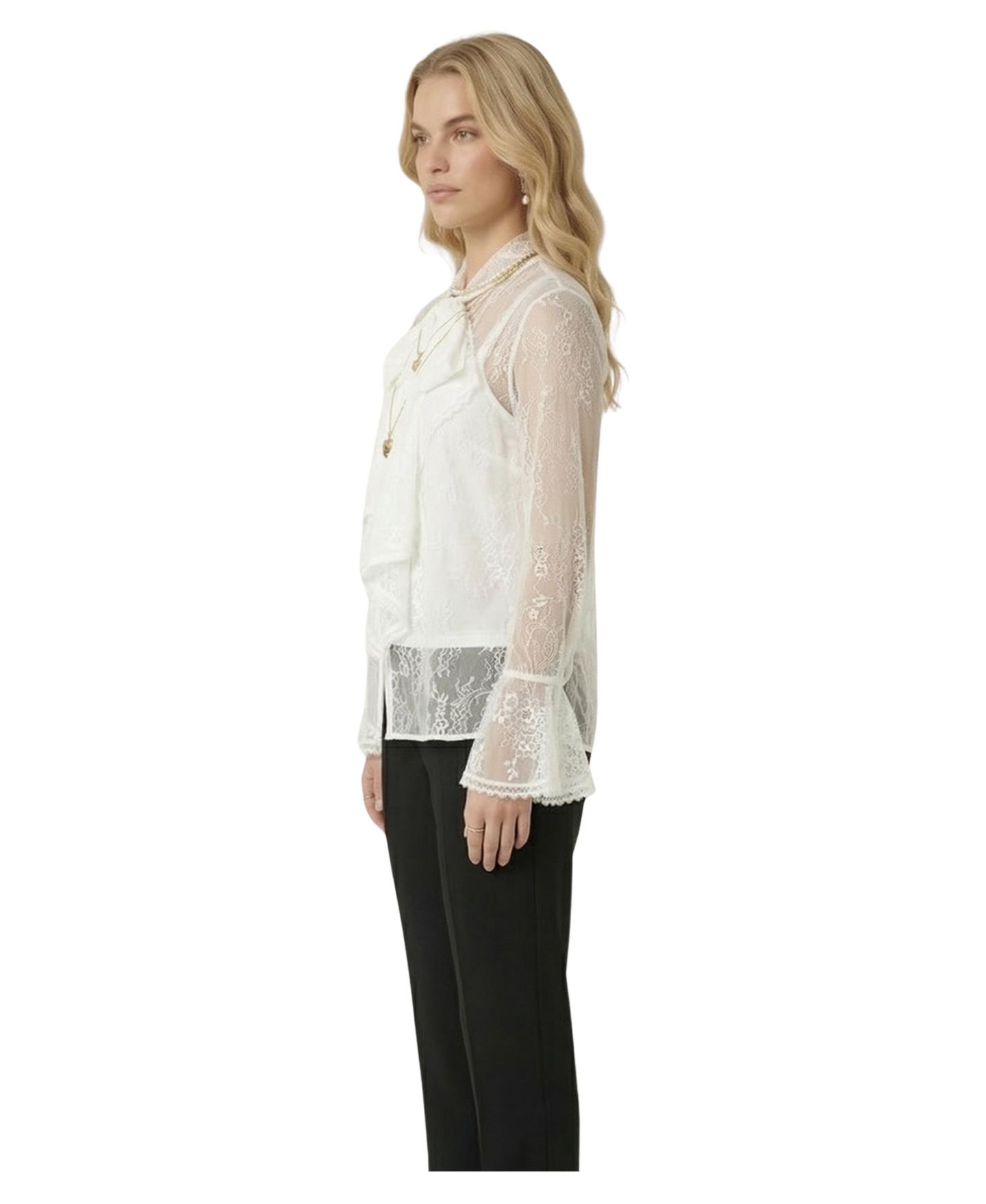 Женская блузка Modenaire Sheer Lace Ruffle-Front Floral — фото 3
