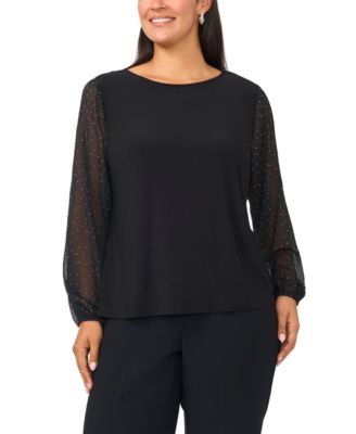 Plus Size Crewneck Long Puff Sleeve Blouse