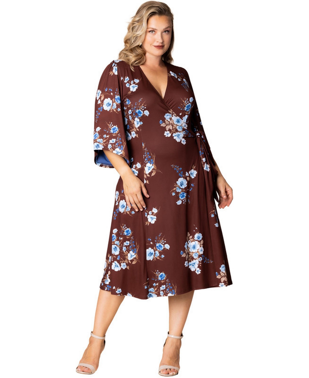 Kiyonna Plus Size Gemini Wrap Dress with Contrast Lined Sleeves - Brown floral print
