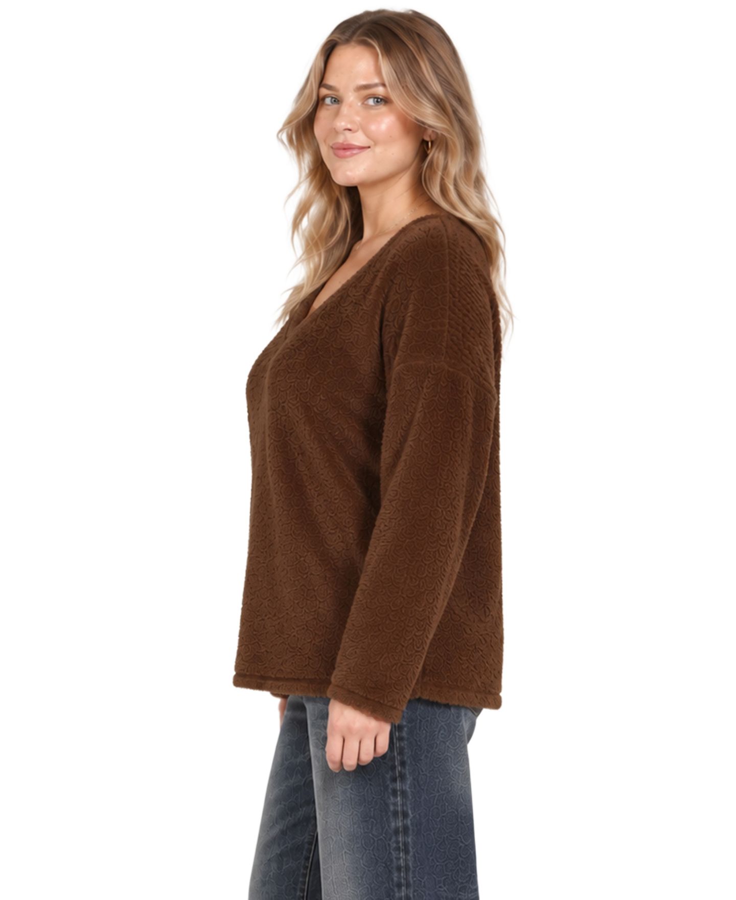 Женский топ COIN 1804 Plus Size Cozy Rib V Neck, цвет: Шоколадный — фото 3