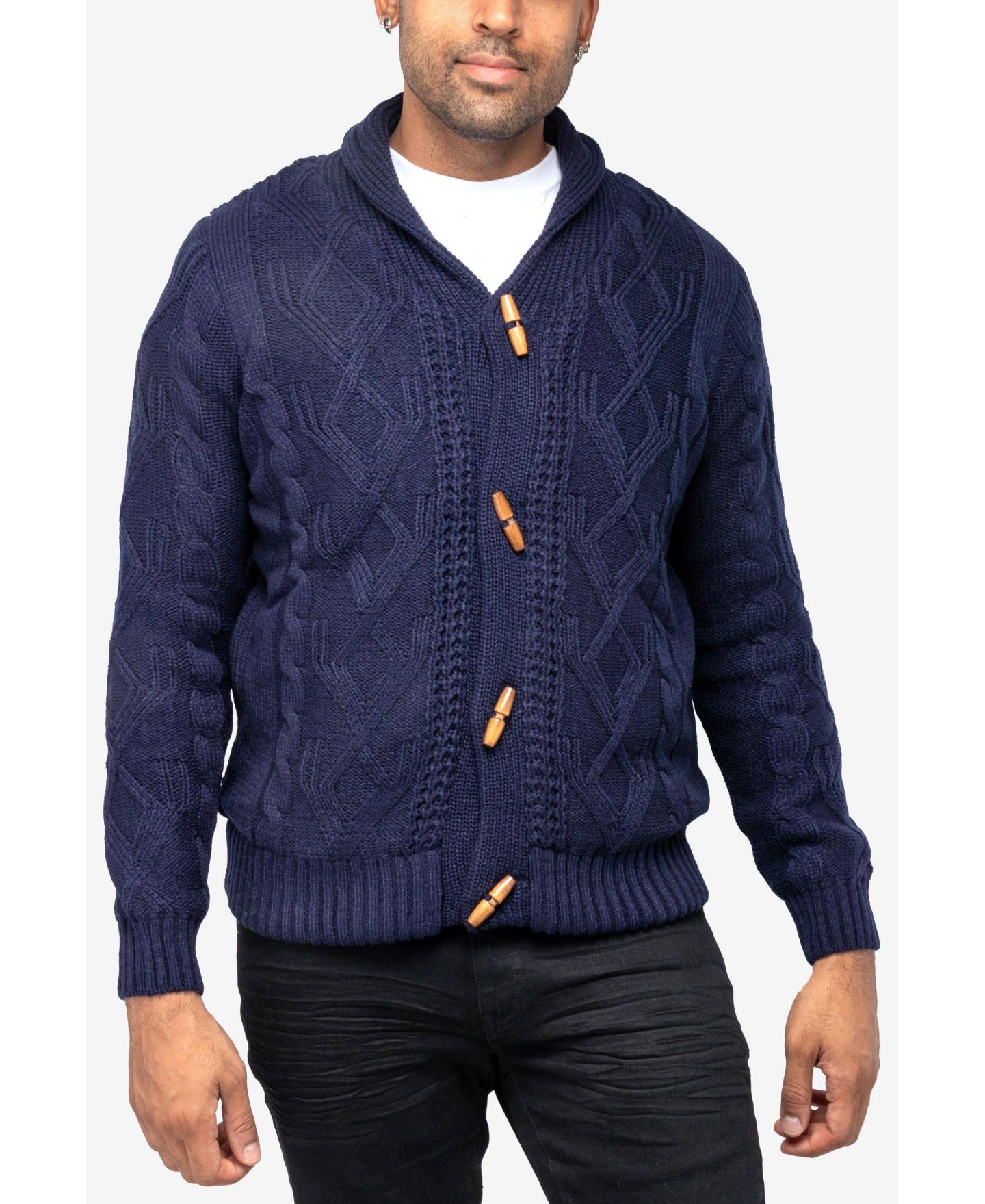 Мужской кардиган XRAY Faux Shearling-Lined Shawl Collar Cable-Knit, цвет: Тёмно-синий — фото 4