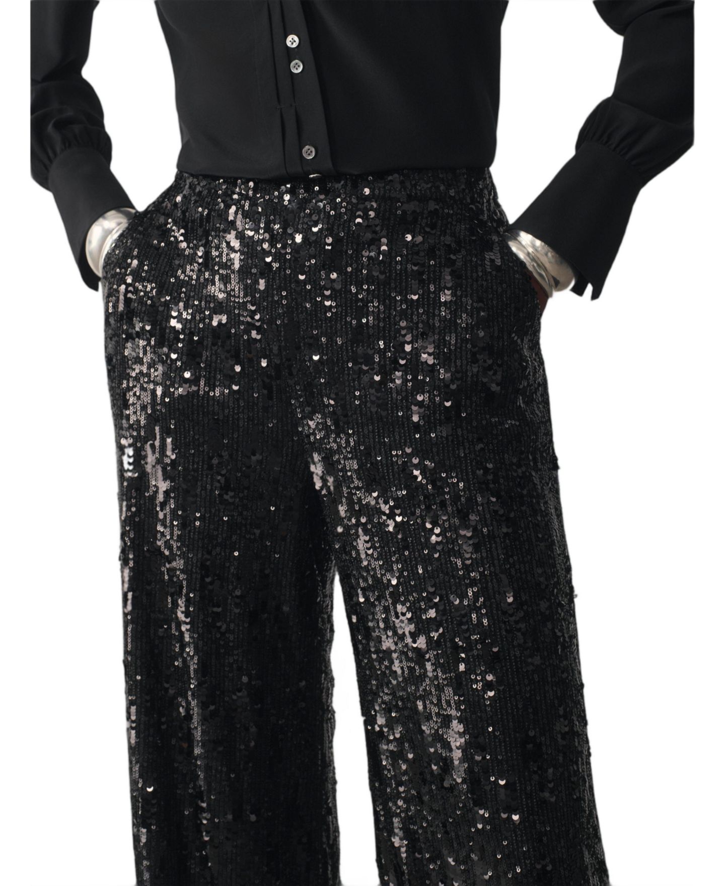 Женские брюки The Fold Arezzo Sequin High-Waisted Wide-Leg, цвет: Чёрный — фото 5
