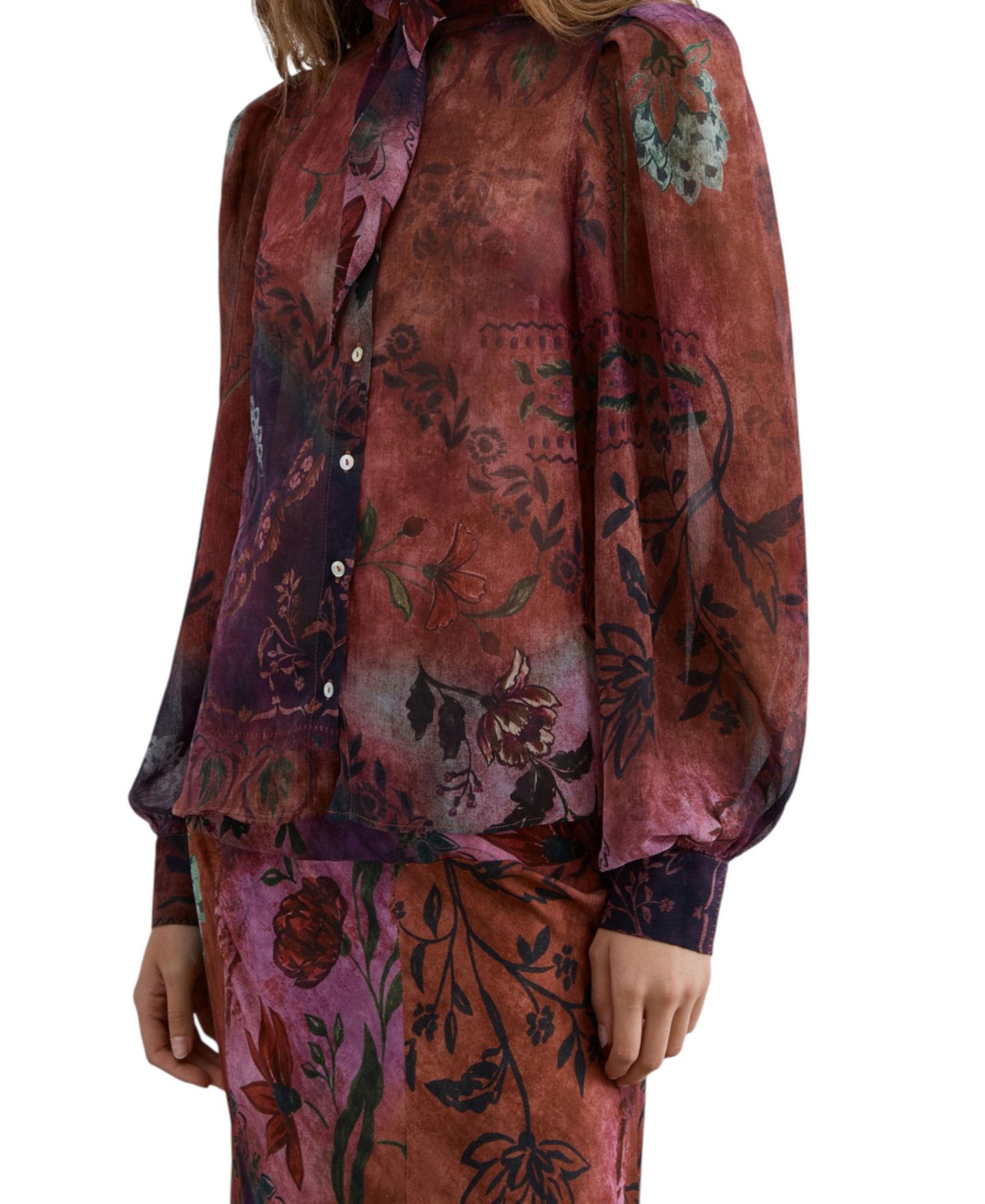 Женская блузка Scalpers Scpatch Floral-Print Long-Sleeve Tie Neck, цвет: Фиолетовый — фото 4