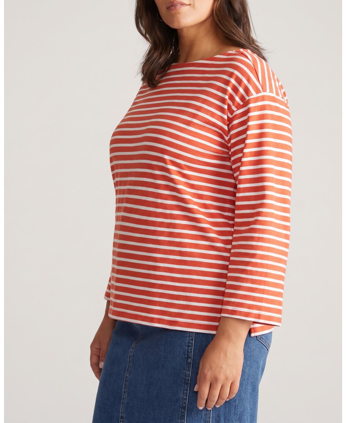 Женский топ Universal Standard Plus Size Montauk Breton Stripe Bell Sleeve, цвет: Коралловый / Белый полосатый — фото 3