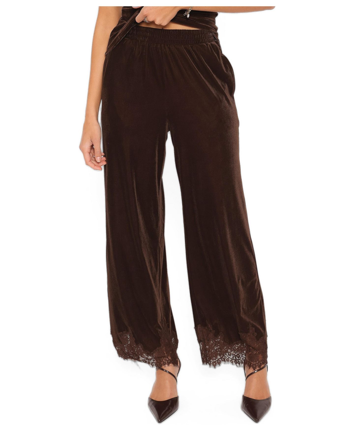 Женские брюки Petal and Pup Layton High-Rise Wide-Leg Lace-Trim Velvet, цвет: Шоколадный бархатный — фото 1