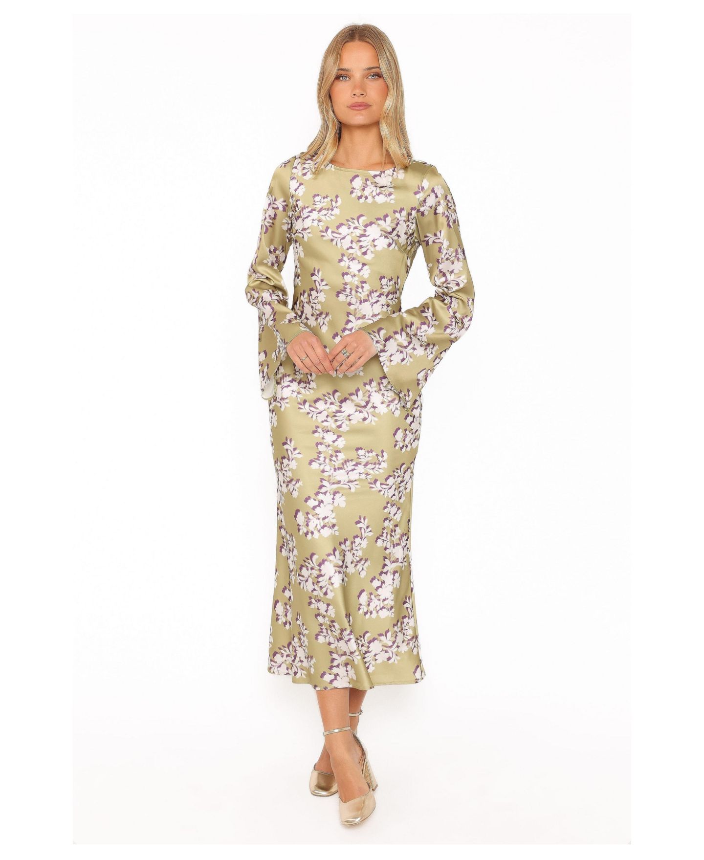 Женское платье Petal and Pup Maia Long Sleeve Maxi Floral, цвет: Зелёный с принтом — фото 1