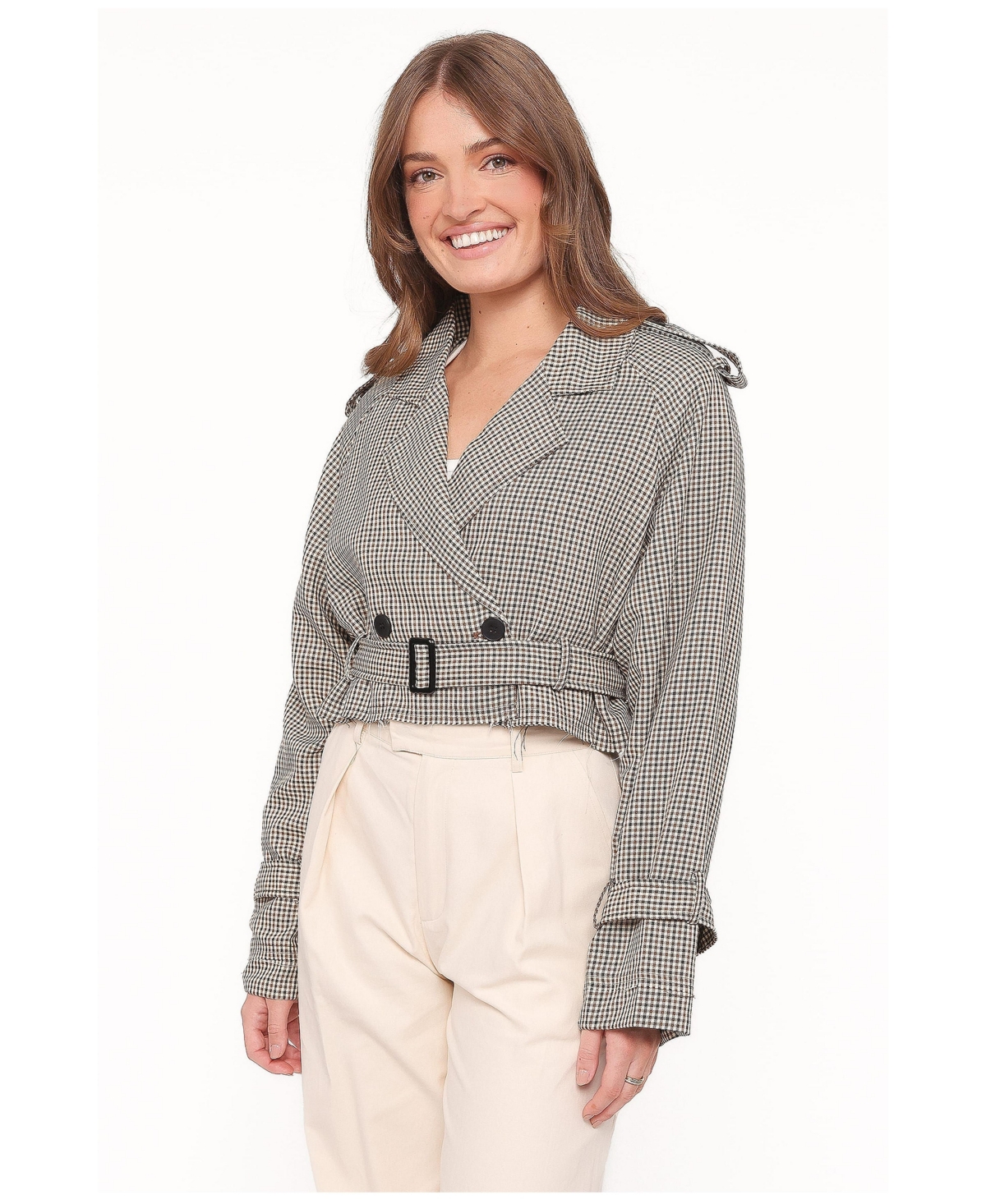 Petal and Pup Women's Izzi Cropped Double-Breasted Plaid Trench Jacket - Black brown plaid