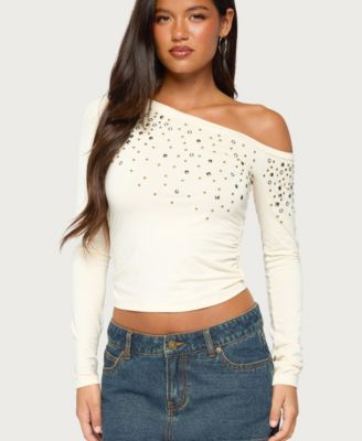 Women's Hetty Long-Sleeve Off-the-Shoulder Studded Top