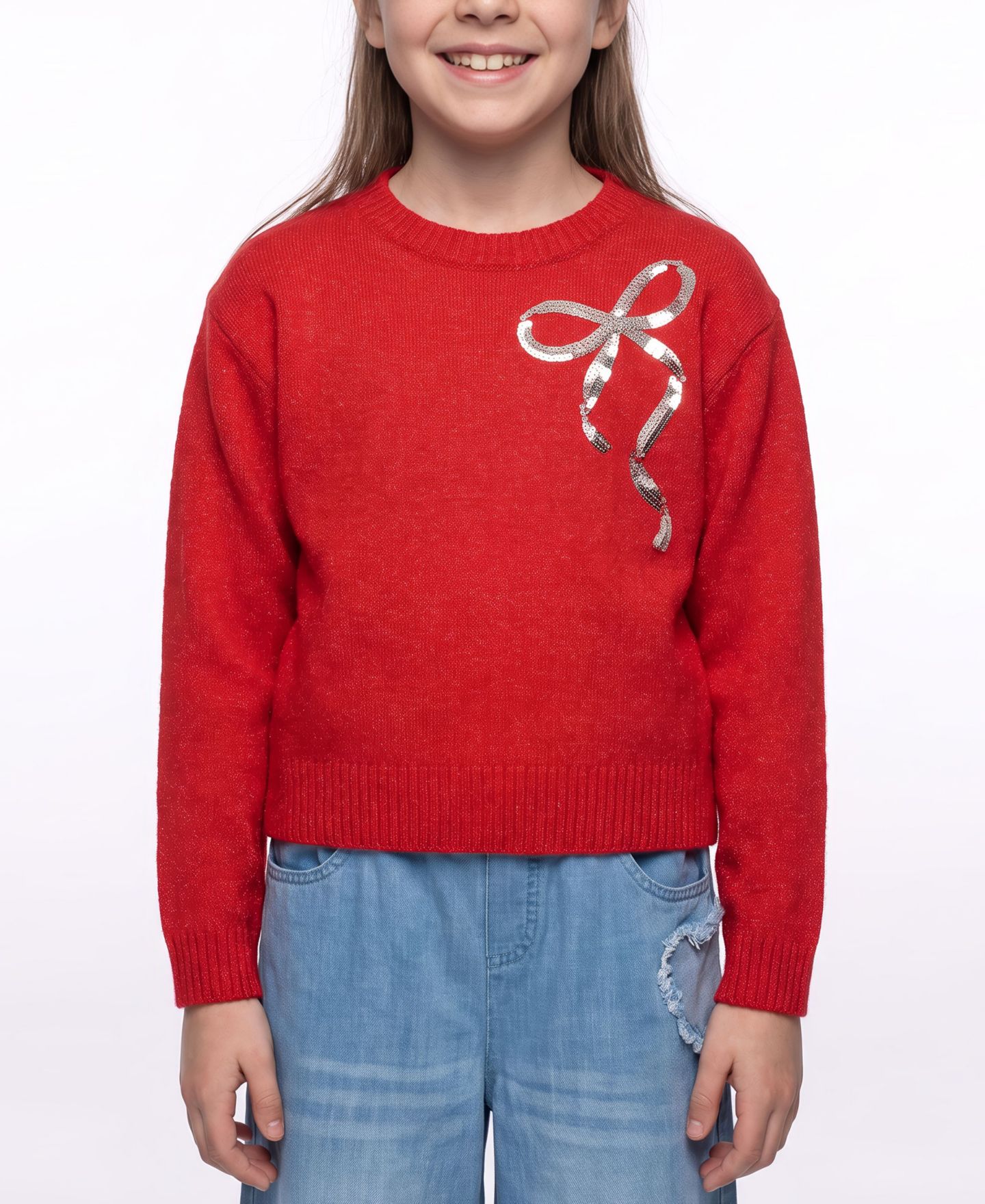 Свитер CeCe Long-Sleeve Crewneck Sequin-Bow для девочек, цвет: Тёмный красный — фото 1