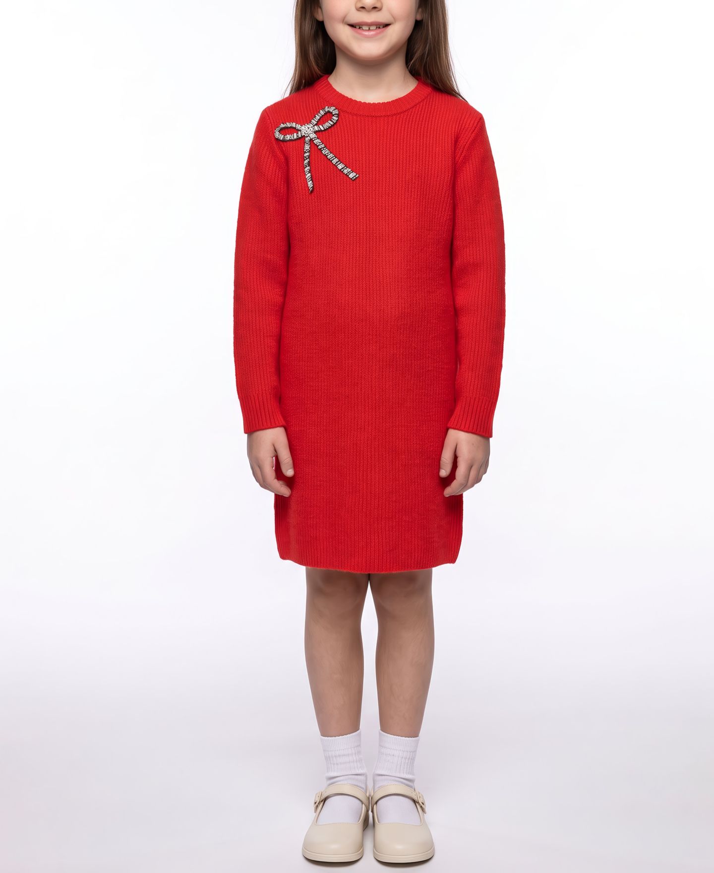 Платье CeCe Long-Sleeve Embellished-Bow Crewneck Dress для девочек, цвет: Красный — фото 1
