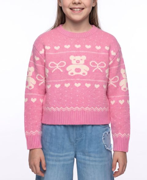 Свитер CeCe Bear Fairisle Crewneck для девочек, цвет: Тёмный розовый