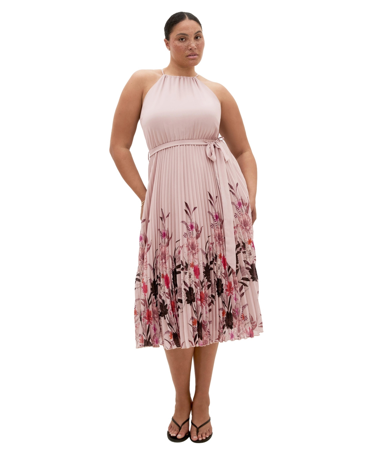 City Chic Plus Size Rebecca Floral-Print Pleated Midi Dress - Buff botanical bdr