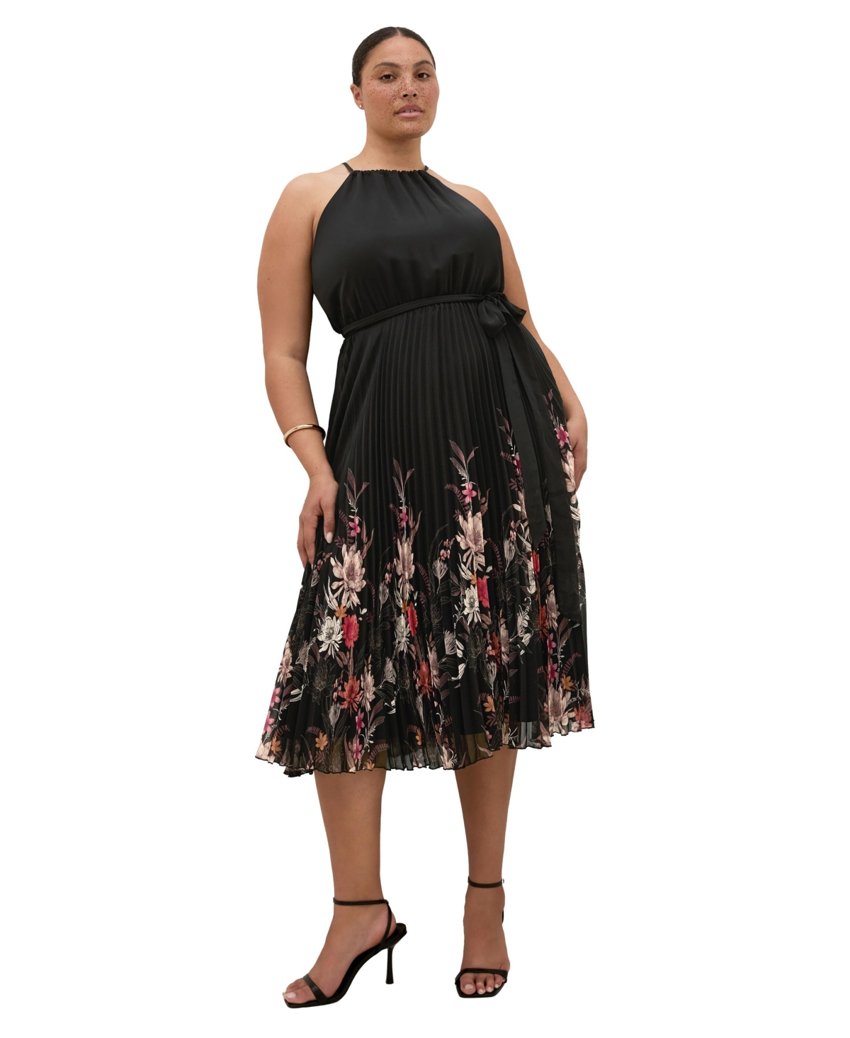 City Chic Plus Size Rebecca Floral-Print Pleated Midi Dress - Blk botanical bdr