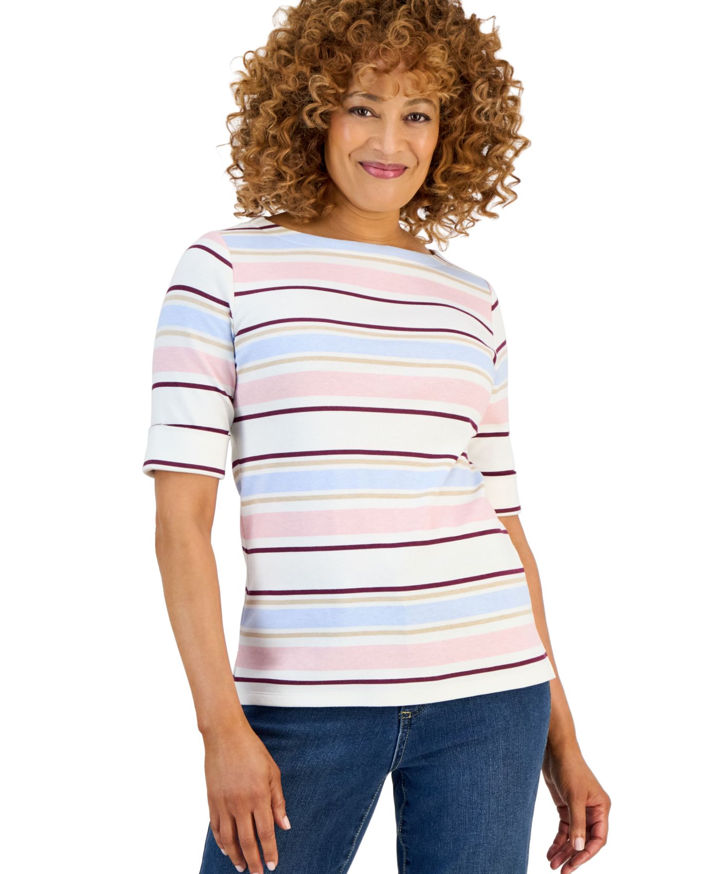 Женский топ Style & Co Printed Elbow Sleeve Boatneck, цвет: Синий — фото 4