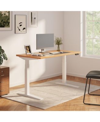 E7 Pro Premium Standing Desk, White Frame and Maple,white and black Chipboard Top, 55" x 28"