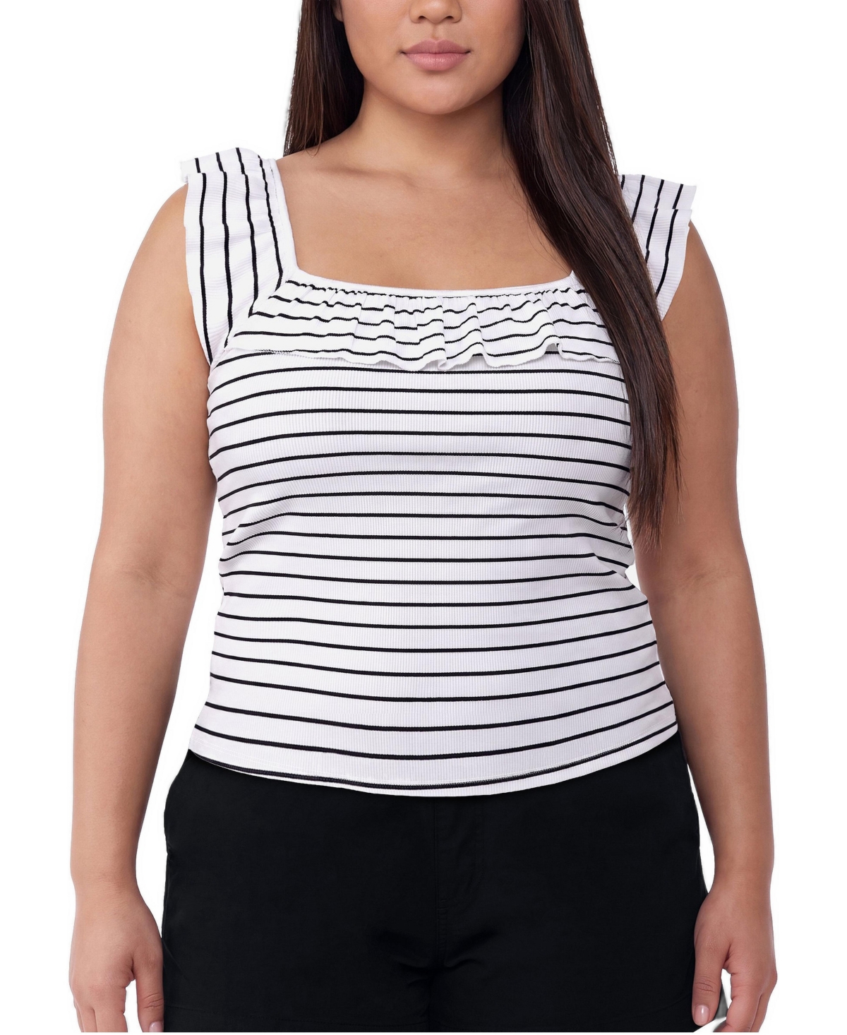 Torrid Plus Size Belle Isle Square Neck Flutter-Sleeve Striped Tank - Perfect stripe deep black