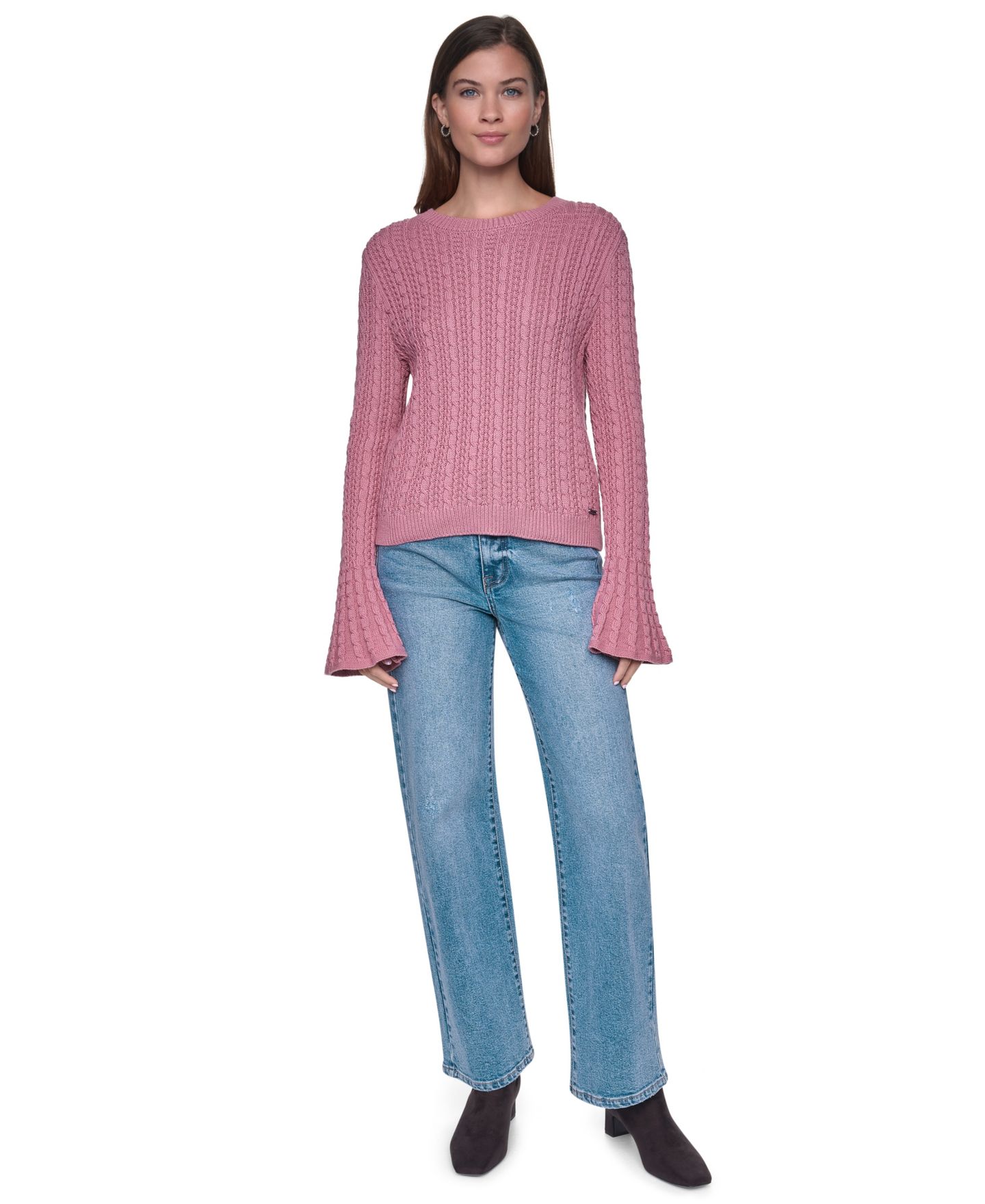 Женский свитер DKNY Jeans Cable-Knit Ruffled-Cuff Pullover, цвет: Чёрный — фото 11