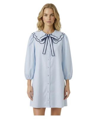 Women's Striped Scalloped Collar Long-Sleeve Shirt Dress