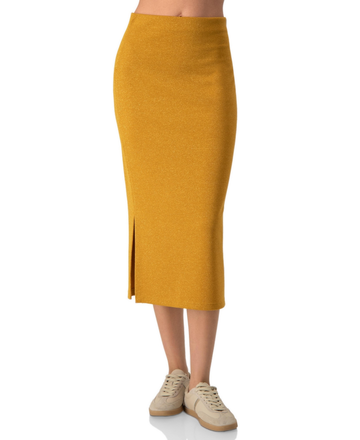 Ivonne Women's Shimmer Knit High-Waisted Midi Side Slit Skirt - Dark yellow