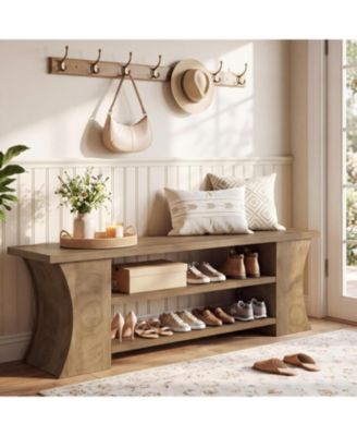 63" Entryway Bench with Shoe Storage, Farmhouse End of Bed Bench