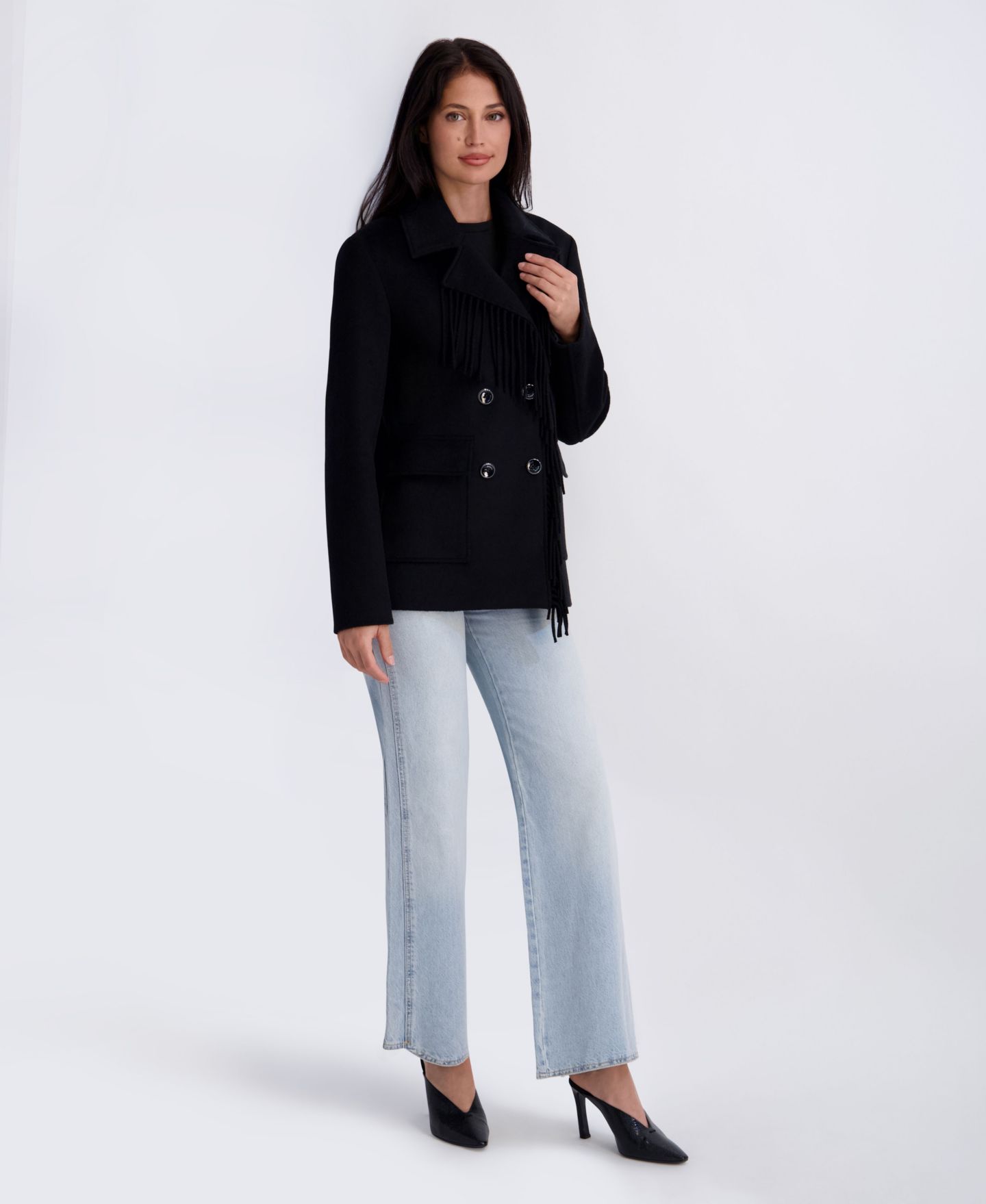 Женская куртка Kensie Double Breasted Patch Pocket Wool Jacket with Fringe, цвет: Чёрный — фото 5