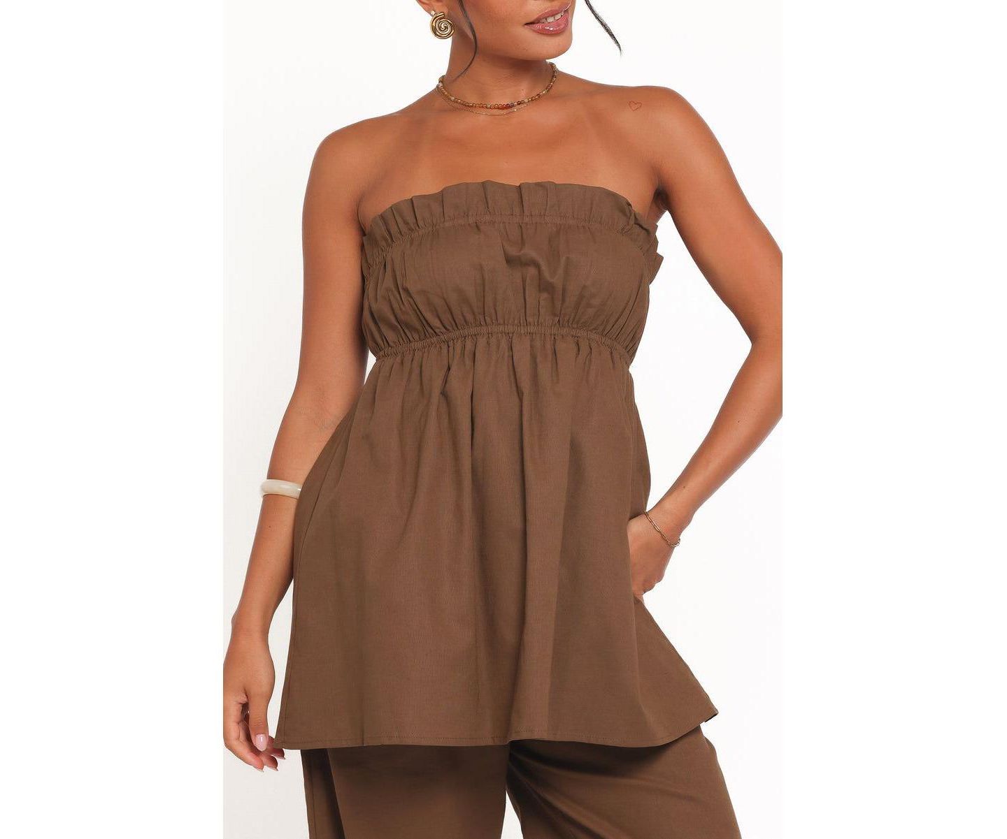 Женский топ Petal and Pup Ember Ruffle-Trim Strapless Cotton-Blend Tunic Top, цвет: Коричневый — фото 4