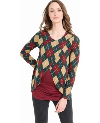Maternity Plaid Sweater-Knit V-Neck Long-Sleeve Nursing Top