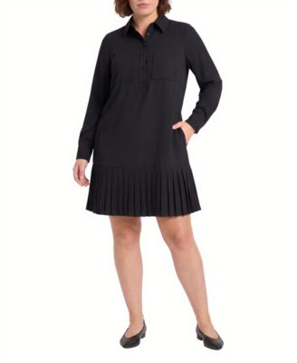 Plus Size Collared Pleat Mini Long-Sleeve Dress