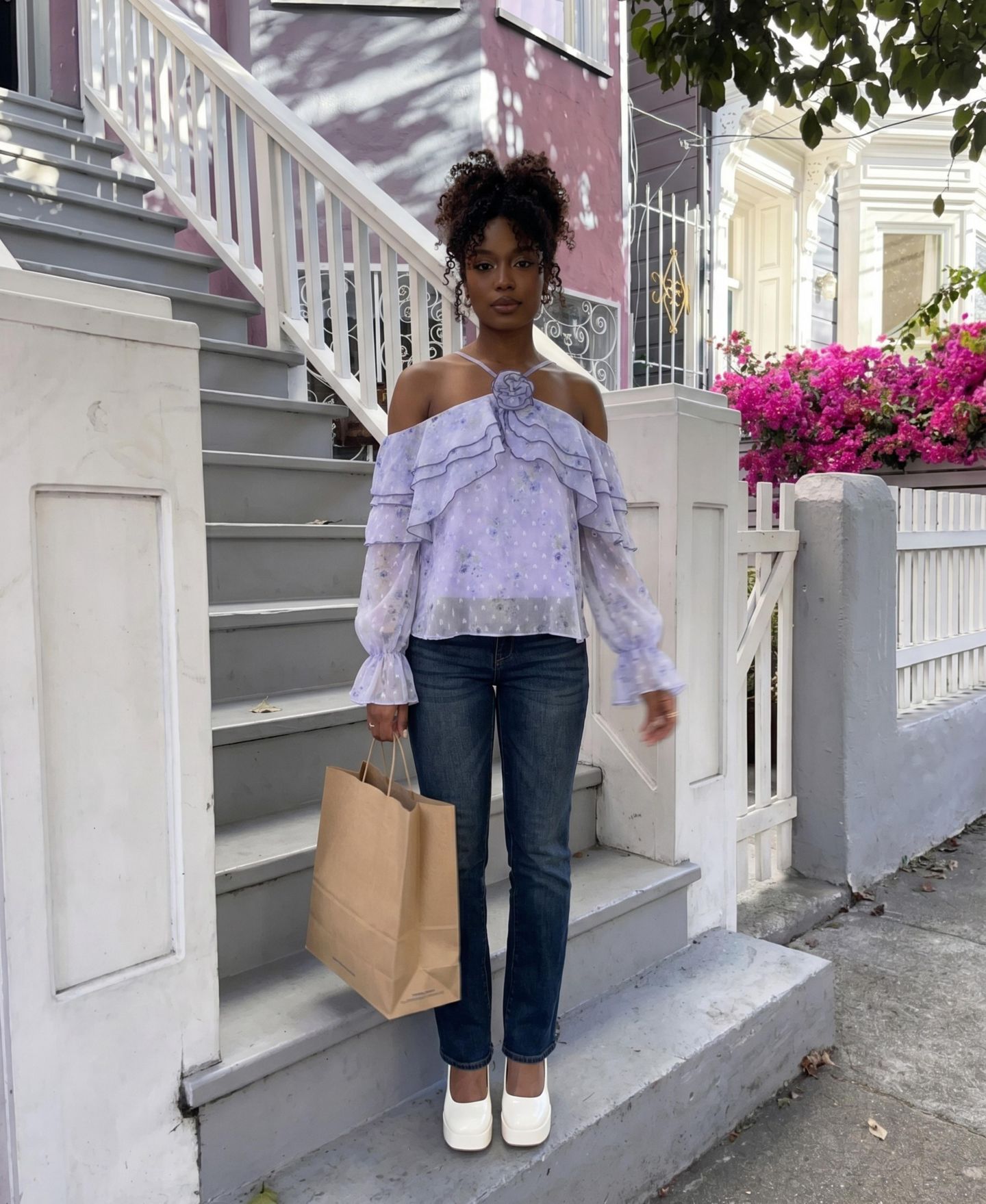Женская блузка Modenaire Off-the-Shoulder Long-Sleeve Floral-Print, цвет: Лавандовый — фото 7