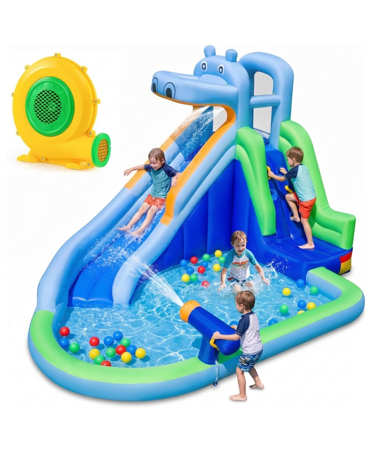 Hongge Hippo-Themed Inflatable Water Slide with Climbing Wall, Ages 3-12 - Turquoise/aqua