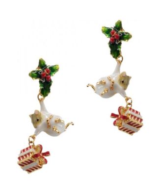 Crystal Gold-Tone Christmas Mouse Hand-Painted Enamel Drop Earrings