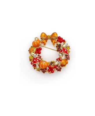 14ct Gold-Plated Hand-Painted Enamel Autumn Wreath Brooch